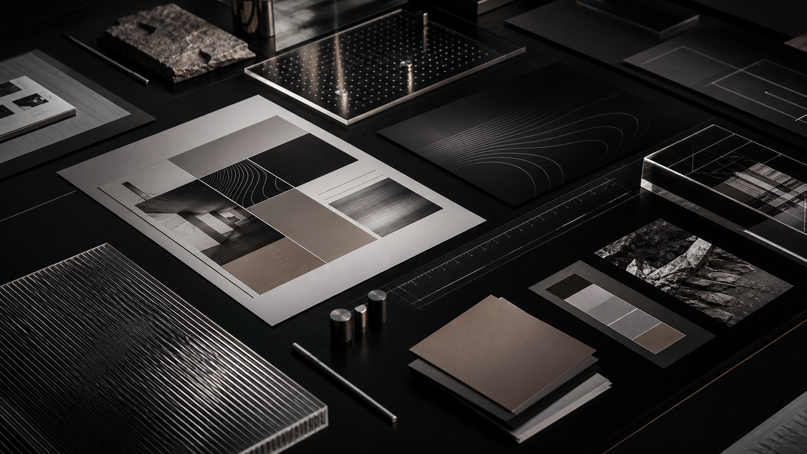 Mesa editorial com materiais de identidade visual e direção de marca